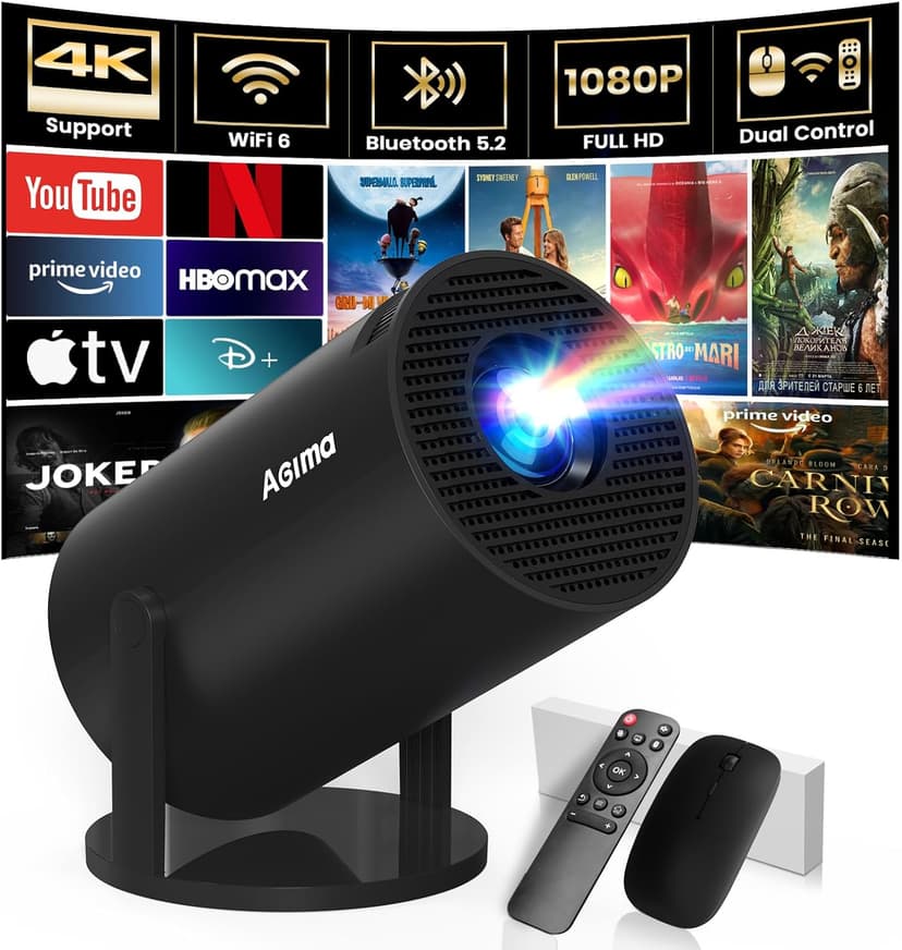 [Built-in Apps] Projector 1080P FHD 4K Support, Smart Projector with WiFi 6 and Bluetooth, Auto Keystone, Stereo Speaker, Compatible with HDMI/TV Stick/USB/Laptop, Portable Projector, Black