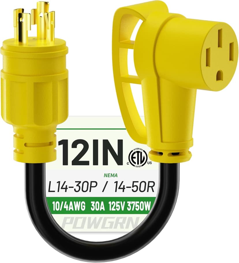 30 Amp to 50 Amp RV Generator Adapter Cord 1FT(12 Inch), NEMA L14-30 Male Plug to NEMA 14-50 Female Plug, 4 Prong Heavy Duty Power Cord, 10 Gauge STW, 30A 125V/250V, Black-Yellow, ETL Listed