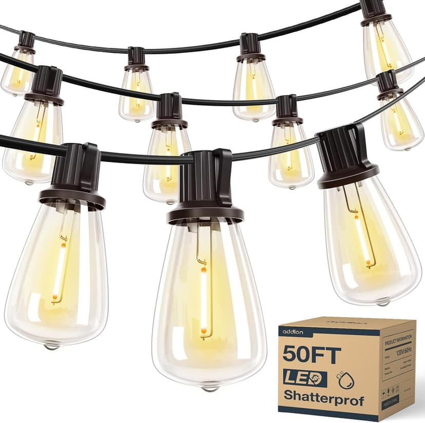 addlon 50FT LED Outdoor String Lights with 16 Shatterproof ST38 Bulbs, Commercial Grade Patio Light, Vintage Outside Hanging Waterproof, Outdoor Connectable for Garden Porch Backyard Balcony