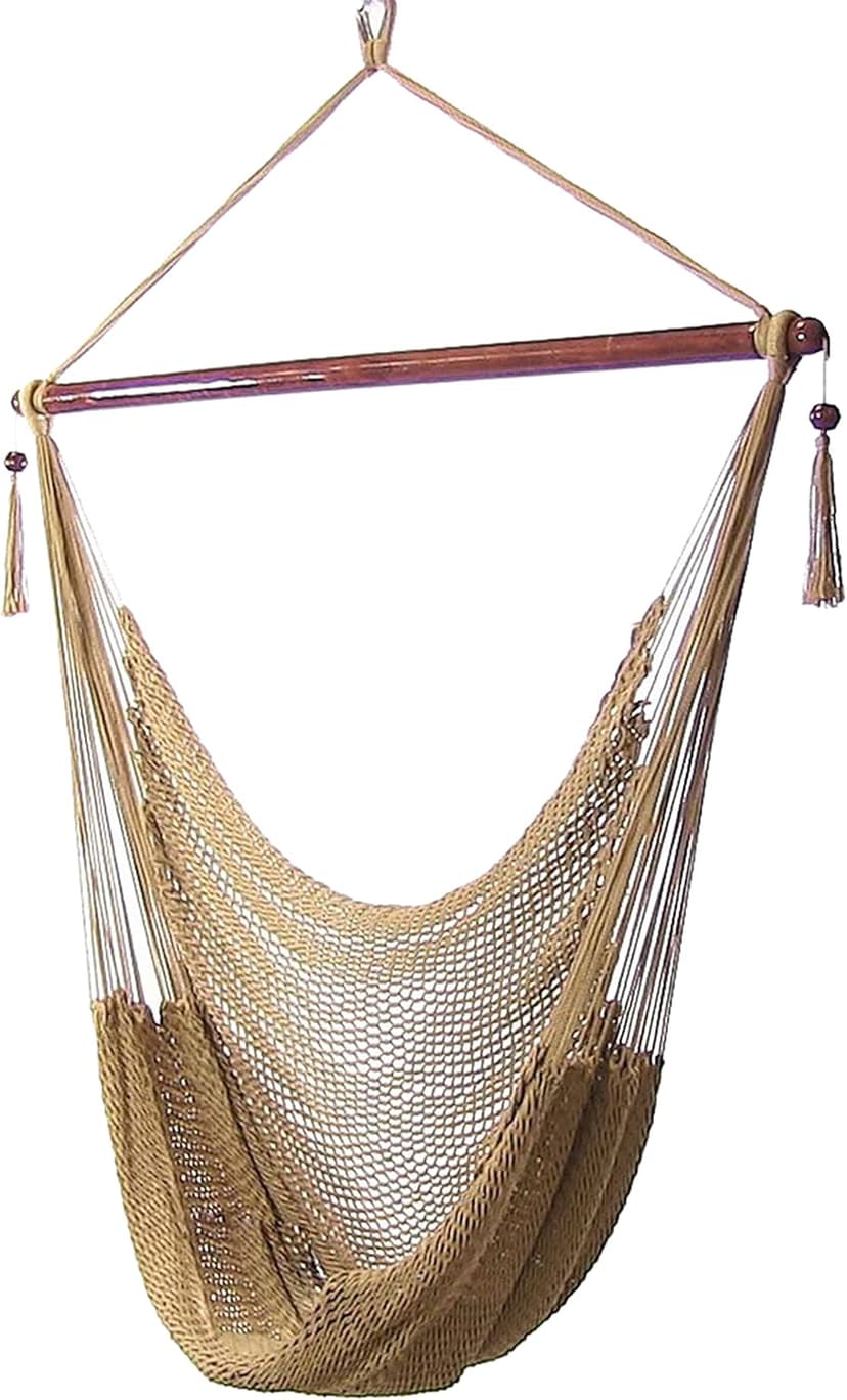 Sunnydaze Outdoor Hammock Chair Swing - Hanging Hammock Swing - Hanging Reading Chair - Soft-Spun Polyester Rope - Caribbean XL - Tan