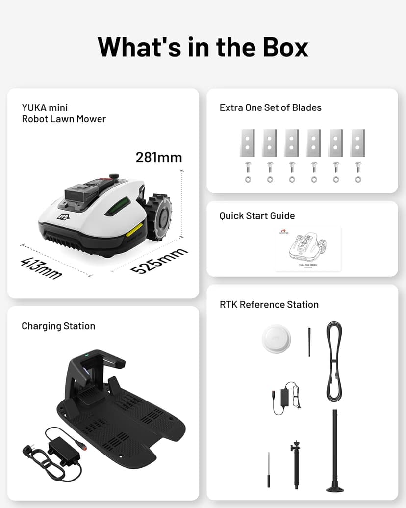 YUKA Mini 500H Robotic Lawn Mower with Garage Standard, Reception 0.12 Acre, Max Mowing 0.17 Acre, Ultrasense AI Vision+ RTK, Auto Mapping, 50% Slope, Cutting Height 2''~3.5'', 15 Mowing Zones
