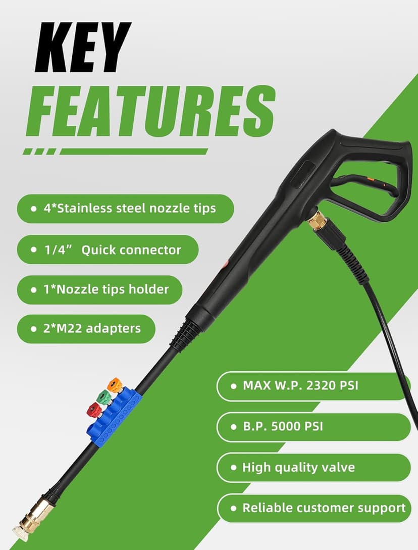 Pressure Washer Gun Set, Max W.P. 2320PSI, B.P. 5000PSI, M22-14mm & M22-15mm Fitting, 4 Stainless Steel Nozzle Tips & Holder, Replacement for Ryobi Powerstroke Greenworks and More Power Washers