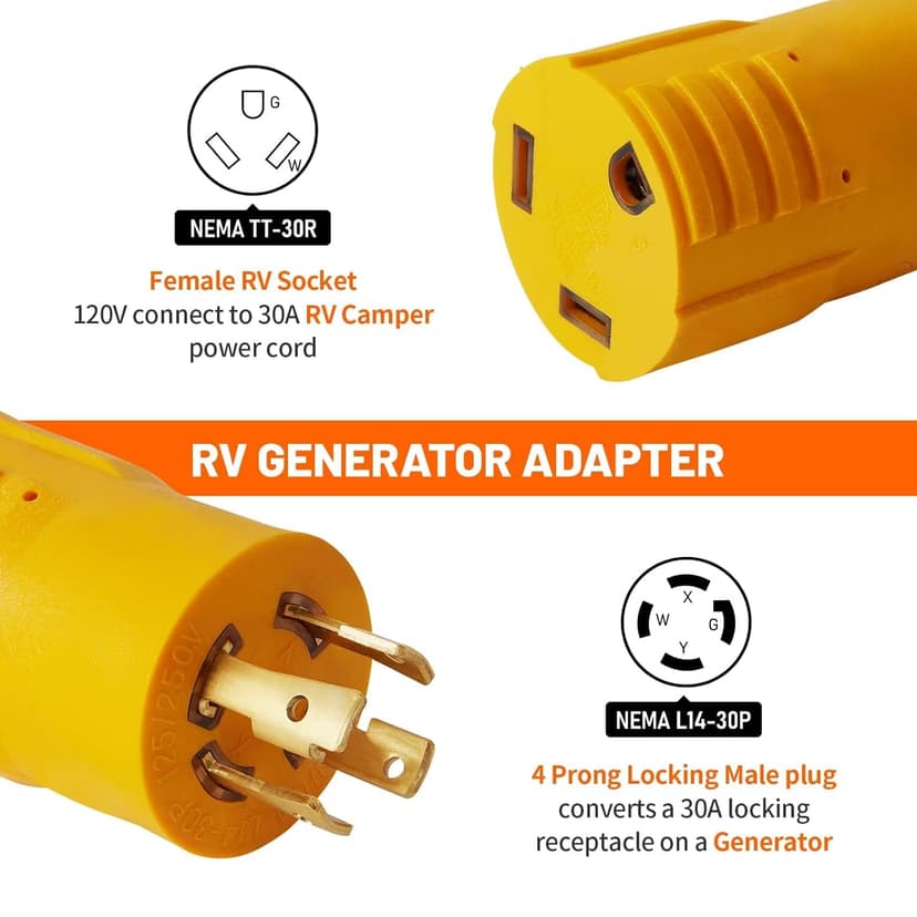 MECMO NEMA L14-30P to TT-30R 30 Amp RV Generator Adapter, 4 Prong Locking 120/240V L14-30P Generator Plug to TT-30R 30A RV Outlet, Transfer Switch Ready Portable Generator Power Adaptor w/ ETL Listed
