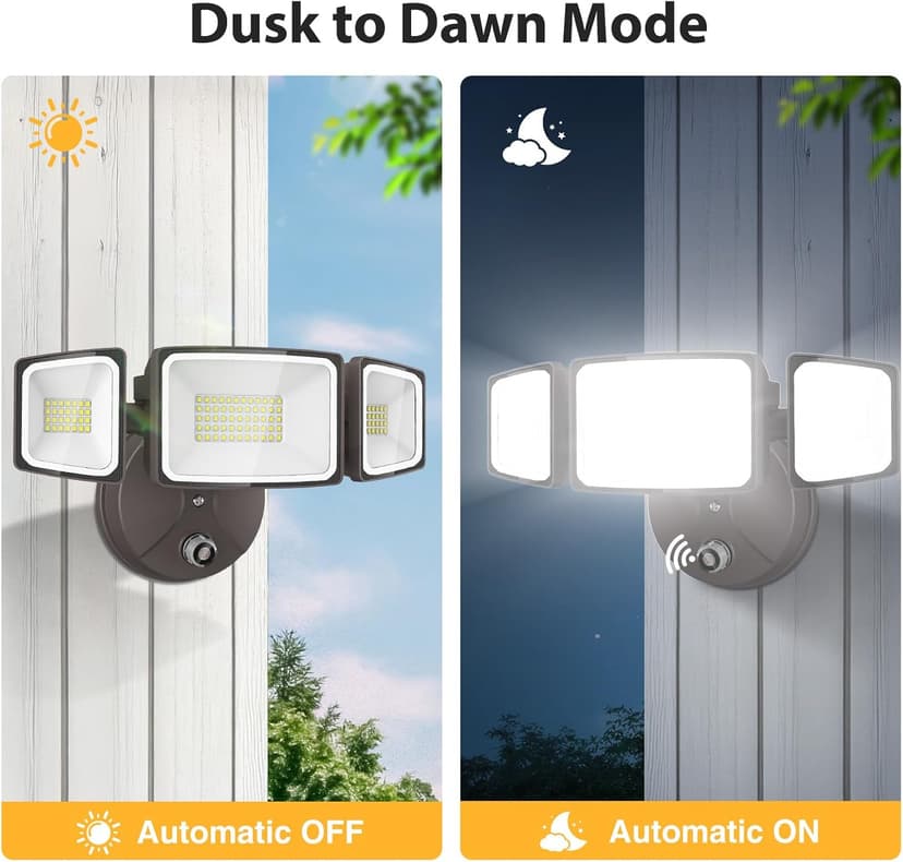 Onforu 60W LED Dusk to Dawn Outdoor Lighting, 6000LM Exterior Flood Light, IP65 Waterproof Outdoor 3 Adjustable Heads Photocell Security Lights Fixture, 6500K Floodlights for Garage, Patio, Yard