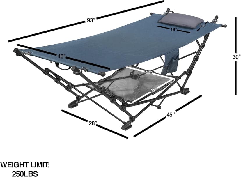 Zenithen Outdoor Patio Folding Collapsible Hammock with Sturdy Frame and Pillow, Perfect for Camping, Outdoor Recreation and as Patio Furniture, Blue (Pack of 1)