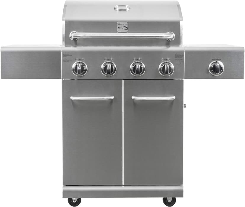 Kenmore 4-Burner BBQ Gas Grill with Searing Side Burner, Stainless Steel Propane Grill, 52,000 BTUs, Cabinet Style, Includes Warming Rack, Electronic Ignition & Stainless Steel Cooking Grates
