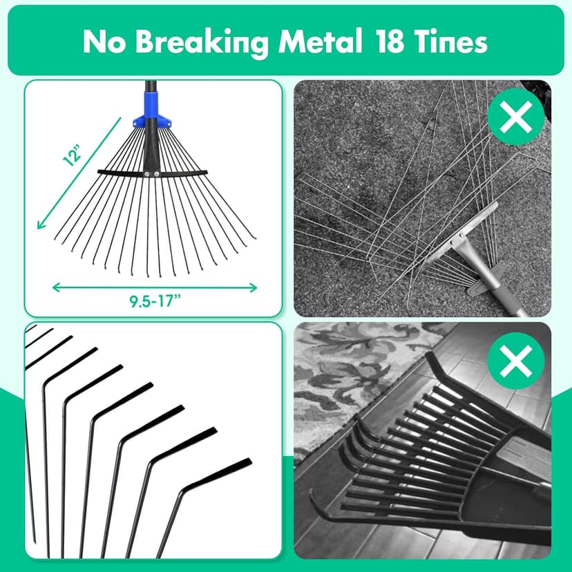 Garden Rake, Leaf Rake with Expandable Head from 9.5 inch to 17 inch, Collapsible Lawn Rakes with 53 Inch Adjustable Handle, Heavy Duty Metal Rakes for Lawn Yard, Flower Beds