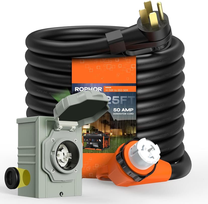 50 Amp Generator Cord and Pre-Drilled Power Inlet Box, 25FT Heavy Duty NEMA 14-50P to SS2-50R Extension Cord Twist Locking with Inlet Box, 125/250V, 12500W, ETL Listed for Outdoor Emergency Kit