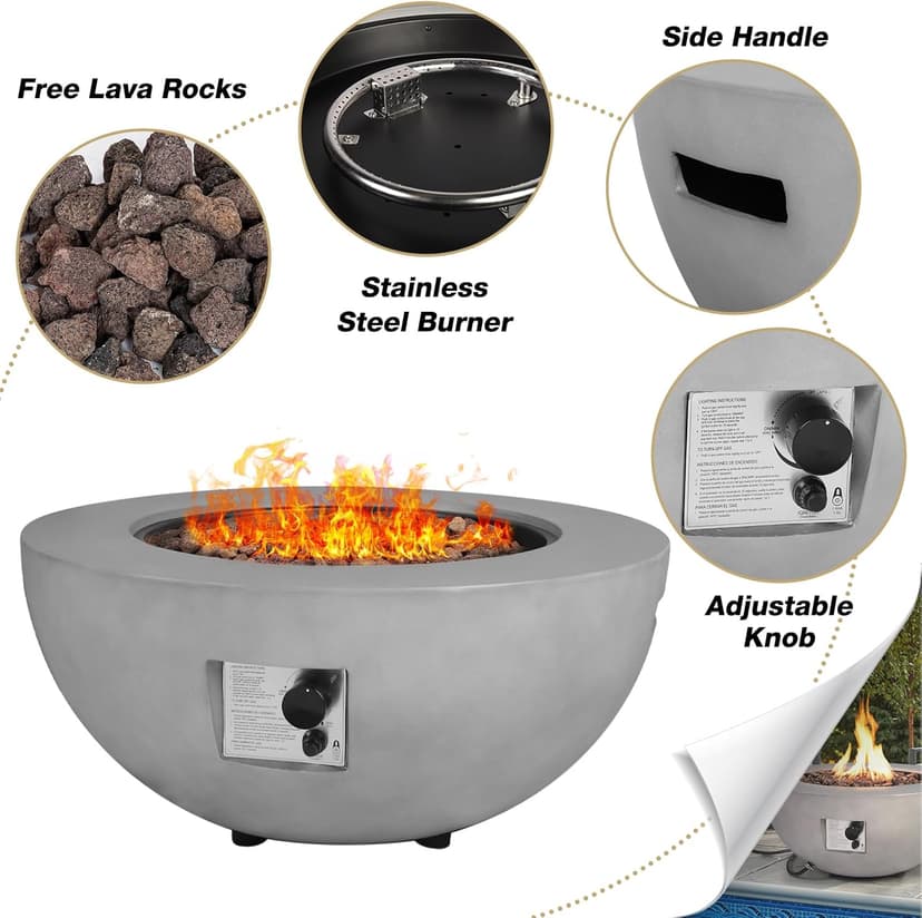 31.5 Inch Outdoor Propane Fire Pit Table 2-Piece 50,000 BTU Gas Fire Pit Concrete Round Burner Tank Cover Fire Coffee Table with Lid for Garden,Deck-31.5" Grey