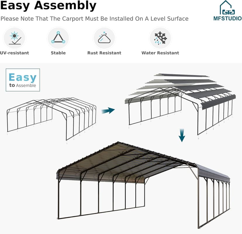 MFSTUDIO Carport 20x30 ft, Outdoor Heavy Duty Carports with Sidewalls, Metal Shed Canopy Shelters Garage Shelter Shade Car Ports with Galvanized Roof for 3 Cars, Truck and Boats