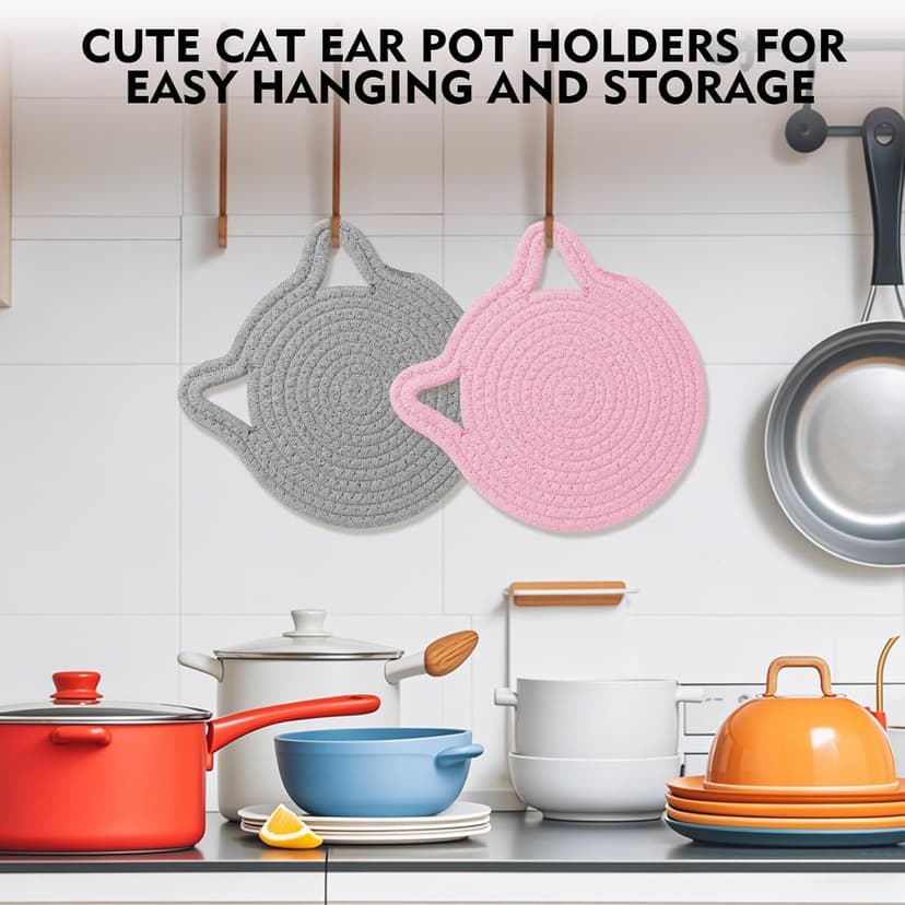 7.2 Inch Trivets for Hot Dishes, 2Pack Cotton Trivets for Hot Pots and Pans, Heat Resistant Hot Pads for Kitchen, Cat Ear Large Coaster Trivet Set, Hot Plate Mats for Kitchen Countertops (Light Gray)