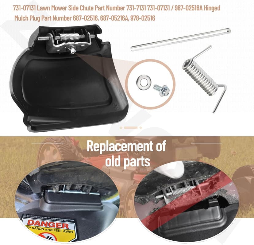 731-07131 Lawn Mower Side Discharge Chute & 987-02516A Hinge Mulch Plug Assy Compatible With MTD, Mu-rray, Cu-b Cad, Ya-rd Machines, Co-lumbia, Cr-aftsman, Hu-skee, T-roy Bilt Hand-Pushed Lawn Mower