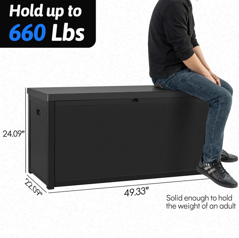 Resin Deck Box, 120 Gallon Large Outdoor Indoor Patio Storage Box Waterproof, Outside Storage Bin for Patio Furniture Covers, Cushion Pillows, Towels, Garden Tools, Black