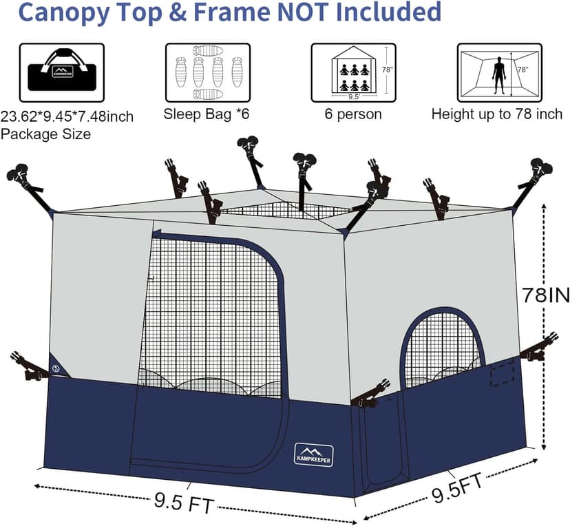KAMPKEEPER Camping Cube, Converts 10'x10' Straight Leg Canopy into Inner Pop Up Tent, with 1 Dog Hole–Fully Vented Roof(Canopy & Frame NOT Included), Navy Blue