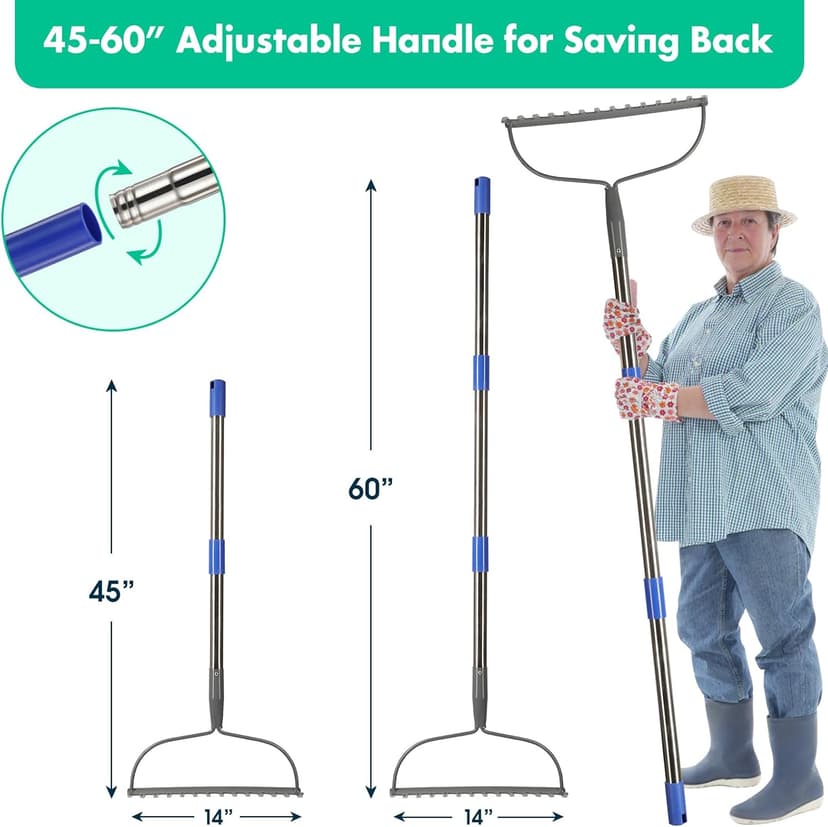 Rake, 60 Inch Garden Bow Rake with 14 Tines, Heavy Duty Stainless Steel Raking Tool for Gardening Landscaping Loosening Soil Leveling Mulching Gravel Gathering Leaf Thatch Lawn Care