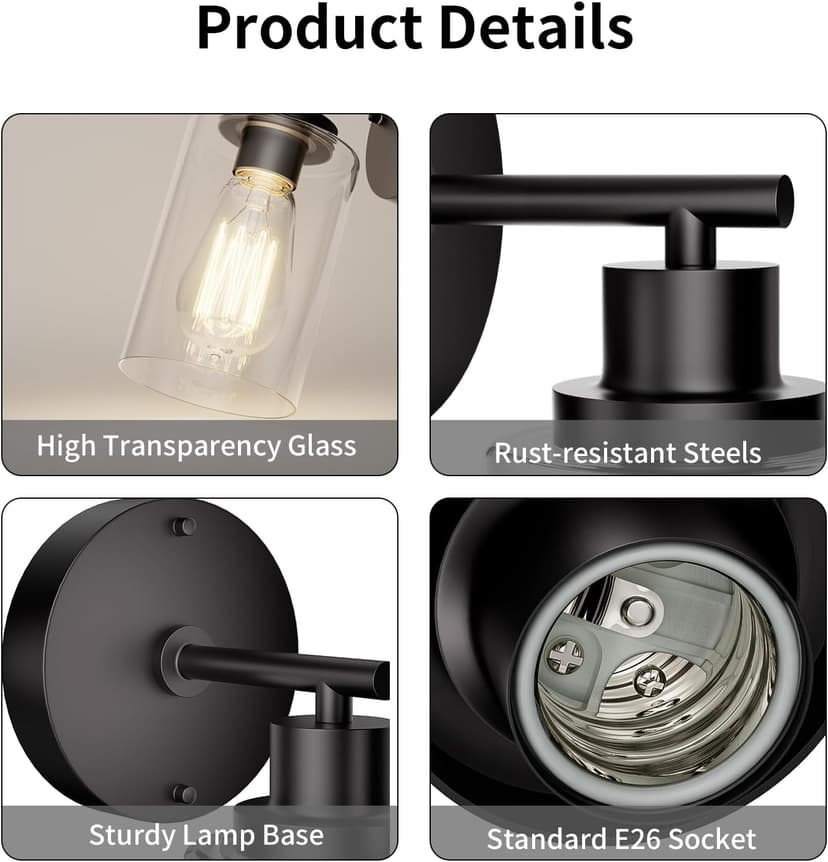Black Wall Sconce Light: Modern Wall Sconces Indoor, LED Wall Light Fixtures with E26 Base and Clear Glass Shade, Sconces Wall Lighting for Hallway, Bedroom, Living Room, and Mirror