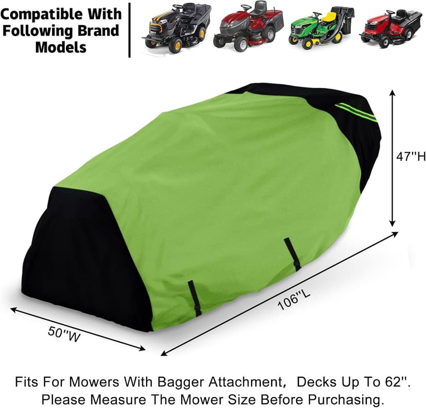 Riding Lawn Mower Cover with Bagger Attachment, Universal Fit Decks up to 62", 600D Oxford Cloth Riding Mower Cover with Windproof Buckle for Snow Rain Dust Hail Protection