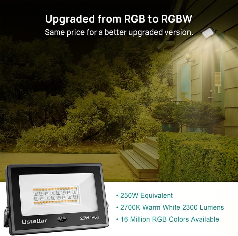 USTELLAR 4 Pack 25W RGB LED Flood Light 250W Equiv. Color Changing Floodlights, Warm White 2700K IP66 Colored Spotlight Stage Party Uplighting Indoor Outdoor Uplights for Event Wedding Halloween Light