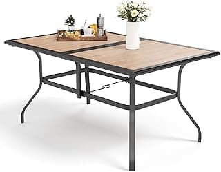 MFSTUDIO Outdoor Patio Dining Table for 6, Rectangular Furniture Table with Metal Frame and Immitation Wood Top, Outdoor Deck Backyard Garden Table with Umbrella Hole