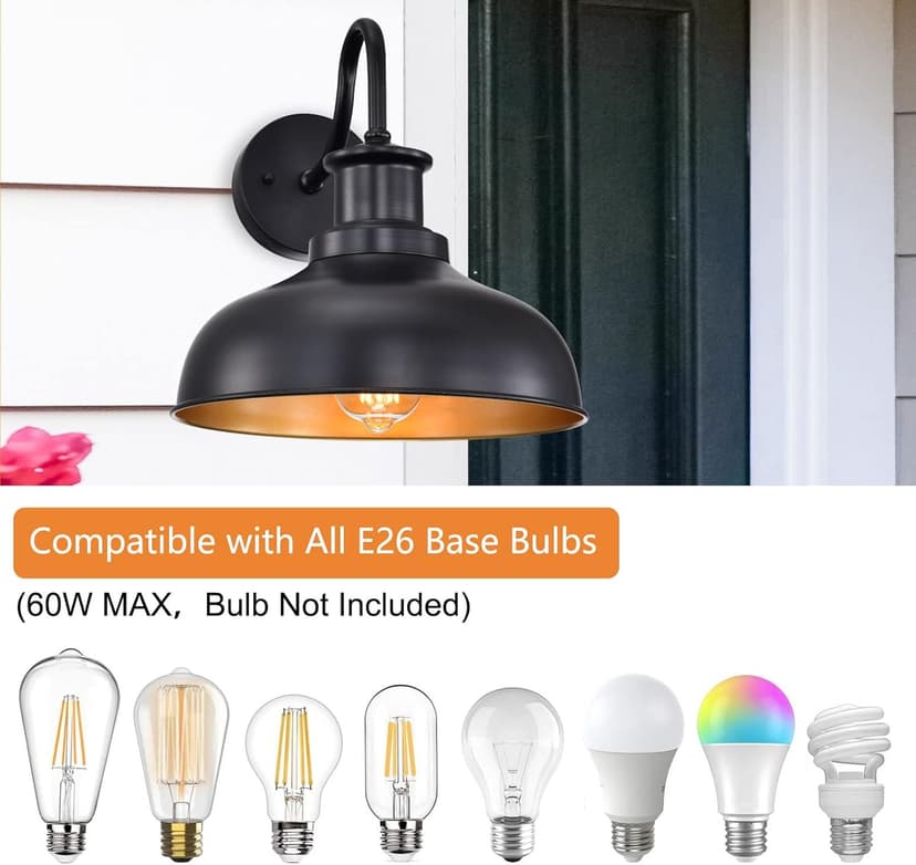 Outdoor Gooseneck Barn Light Outdoor Wall Sconce Farmhouse Rustic Exterior Wall Mount Lights Vintage Outside Lighting Fixture Industrial Black Lantern for Porch Entryway Garage,1 Pack, RZ007 BK