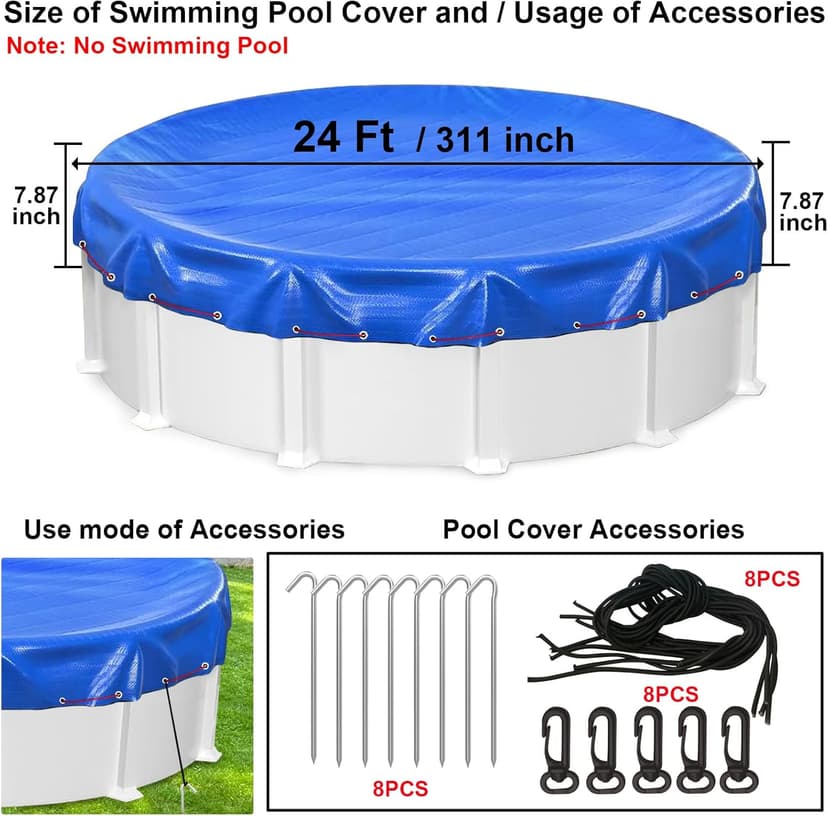 LXKCKJ 24 Ft Round Pool Cover, Winter Pool Covers for Large Above Ground Pools, Extra Thick PE Pool Cover Add Ground Nail Set and Specially Molded Winch Ideal for Waterproof and Dustproof (Blue)