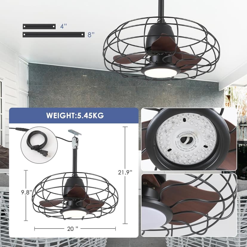 Outdoor Waterproof Ceiling Fan - 20" Caged Ceiling Fans with LED Lights, Reversible AC Motor, Low Profile Industrial Fan Light Fixture, Plug In with Hook Ceiling Fan for Outdoor Patios, Gazebo