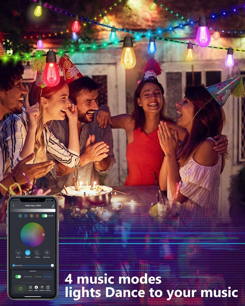 Flacchi Smart Patio Lights with Rope Fairy - 46ft Smart S14 String Lights, Waterproof Shatterproof Bluetooth APP Remote Control Dimmable for Balcony, Backyard, Party, Holiday (RGB & Warm White)