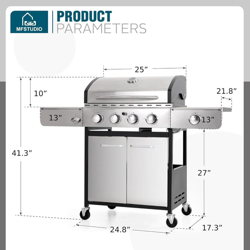 MFSTUDIO 4-Burner Propane Gas Grill, Stainless Steel BBQ Grill with Side Burner and Porcelain-Enameled Cast Iron Grates, High Heat Output Gas BBQ Grills for Barbeque and Outdoor Cooking