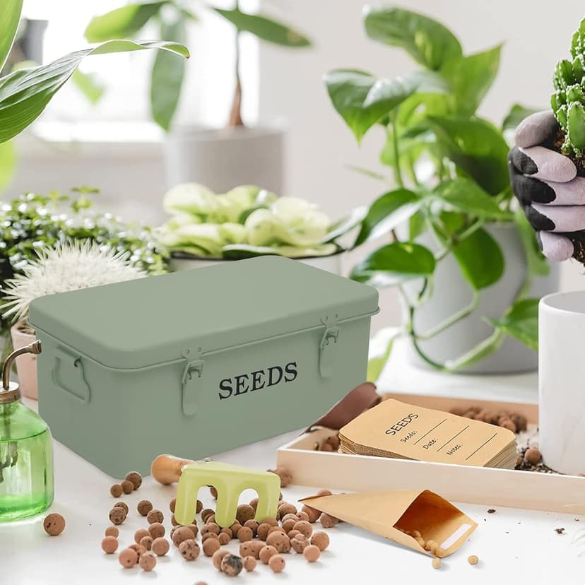Seed Saving Box, Metal Seed Bin, Seed Storage Organizer Box, Seed Packet Container with Lid, Seed Envelope Storage Box, 4 Compartments Garden Seed Bin with Safety Locks-Green