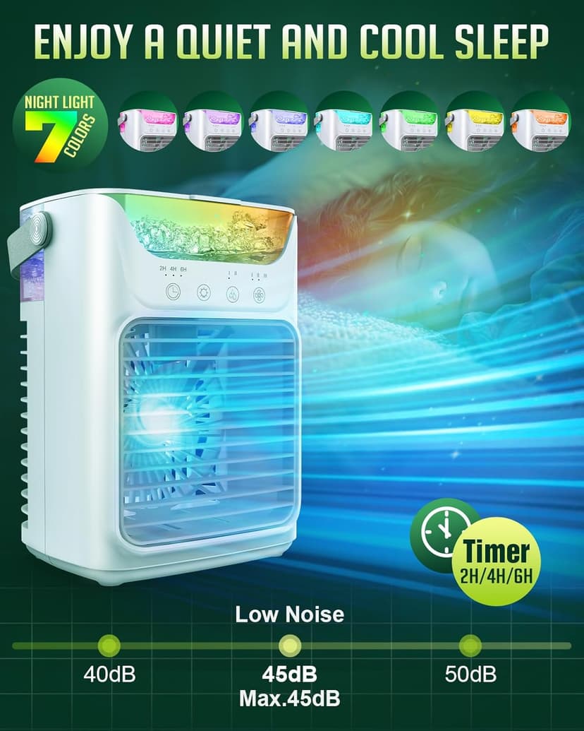 Portable Air Conditioners, 3 Wind Speeds & 7 LED Lights Evaporative Personal Air Cooler, 4 in 1 Portable AC with 650 mL Large Water Tank, Mini Air Conditioner for Bedroom/Car/Home/Camping/Room