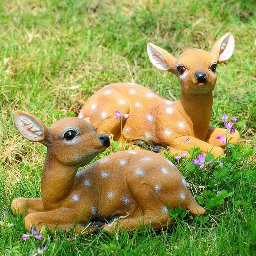 YukaBa Garden Resin Deer Figurine, Outdoor Garden Statue Deer Lying Down Sculpture Ornaments 6.7x4.5in, Polyresin, Full Color(2 Pcs)