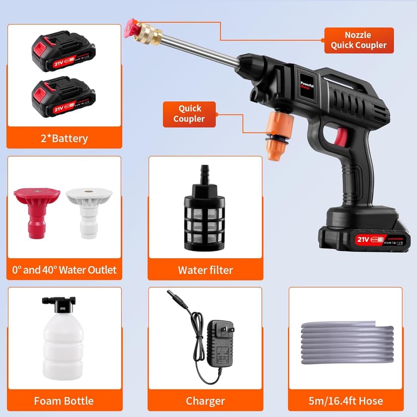 Cordless Pressure Washer,1500W Portable Battery Pressure Washer, 60Bar/870 PSI High Pressur𝗲 Washer Gun with 2 Nozzles, 2 Battery, 5m Hose Cordless Jet Washers/Pressur𝗲 Washer for Car/Floor/Patio