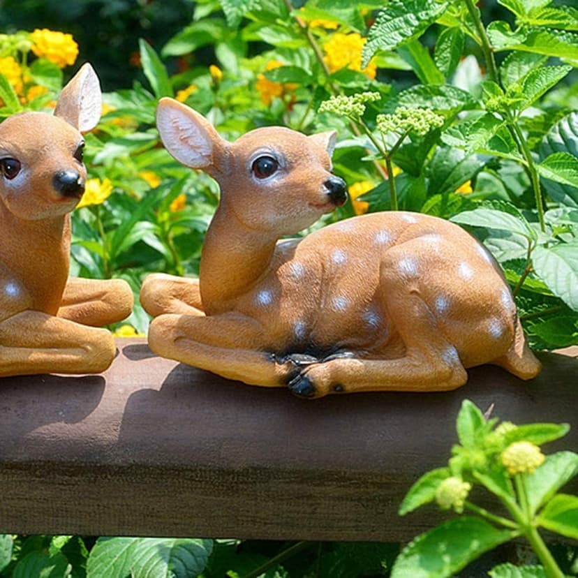 YukaBa Garden Resin Deer Figurine, Outdoor Garden Statue Deer Lying Down Sculpture Ornaments 6.7x4.5in, Polyresin, Full Color(2 Pcs)