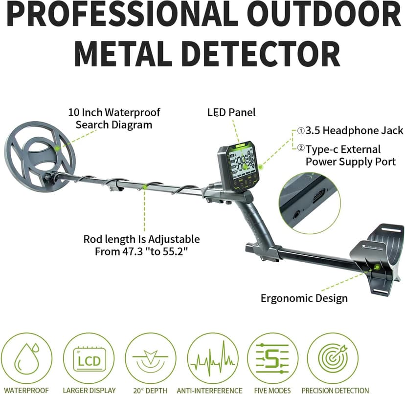 Professional Metal Detector for Adults - 5 Modes, Waterproof, Lightweight for Beach, Forest & Archaeology Exploration