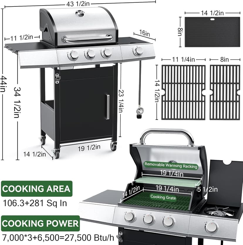 3-Burner Propane Grills with Side Burner, BBQ Gas Grill with Cast Iron Grates and Griddle, Garden Barbecue Grill for Backyard, Camping, Patio, 27,500 BTU