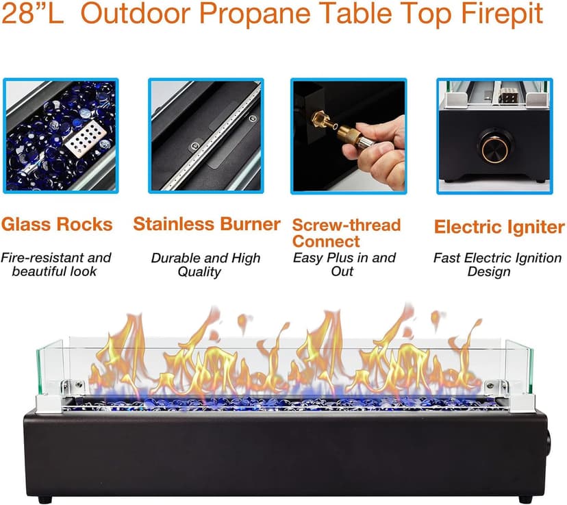 28-inch Table Top Propane Fire Pit, 40,000 BTU Tabletop Firepit for Patio, Outdoor Portable Fireplace Rectangular Fire Bowl w/Wind Glass Shield, Glass Rocks - Black