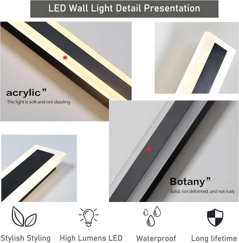 2Pack 31.5inch Long Outdoor Modern LED Wall Light,24W Waterproof IP65 Warm White 110V led Wall Mount Lighting Fixture Rectangular Black Wall Lights Elegant Frosted White Acrylic Anti Rust