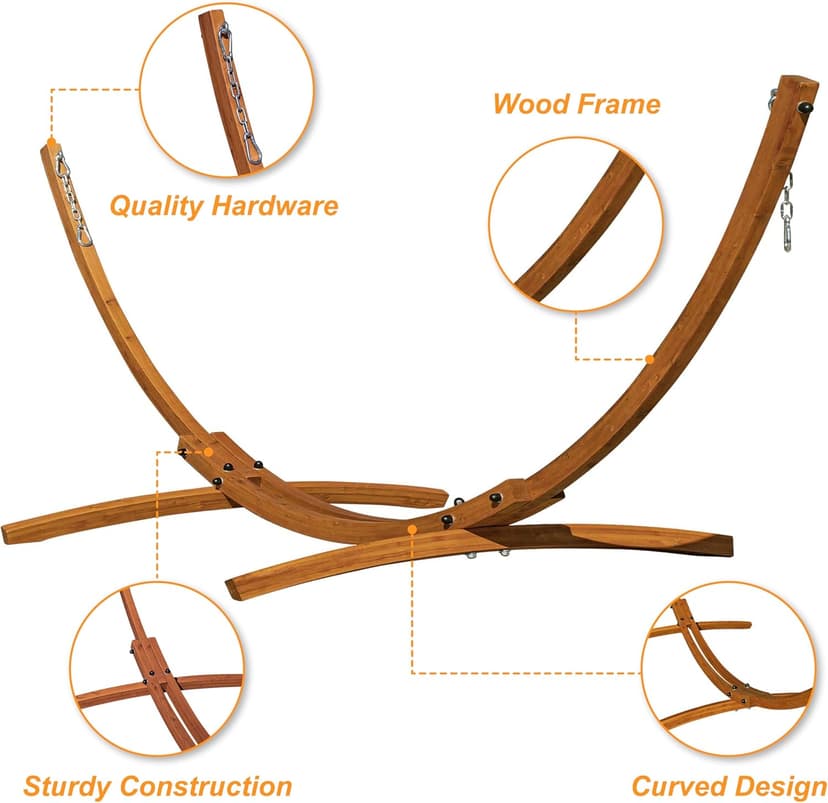 Lazy Daze Hammocks 10.5 FT Outdoor Arc Wood Hammock Stand, 2 Person Russian Pine Hardwood Hammock Stand with Carabiners and Chains, for Outdoor Patio Garden Poolside, 300lb Capacity,Brown