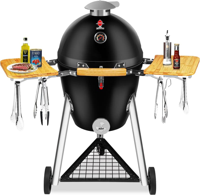 Large Kamado Charcoal Grill, Charcoal Grill with Smoker and Locking Lid, Kamado Charcoal Grill with Side Tray, Easy to Move and Clean, 18 Inches Large Charcoal Grills for Outdoor Cooking