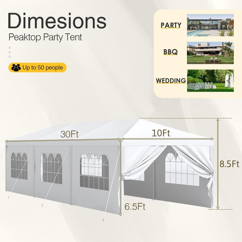 Greesum 10 x 30 Outdoor Canopy, Party Tents with 8 Removable Sidewalls, Gazebo Shelter for Parties, Outside Waterproof Wedding Canopies for Events, Birthday, Holiday, White