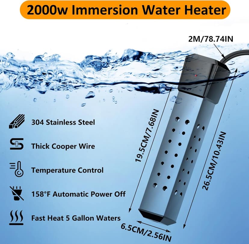 2000W Pool Heater for Inflatable Above Ground Swimming Pool, Immersion Water Heater for Bathtub Automatic Power Off, Submersible Electric Water Heater, Portable Bucket Heater with 304 Stainless Guard