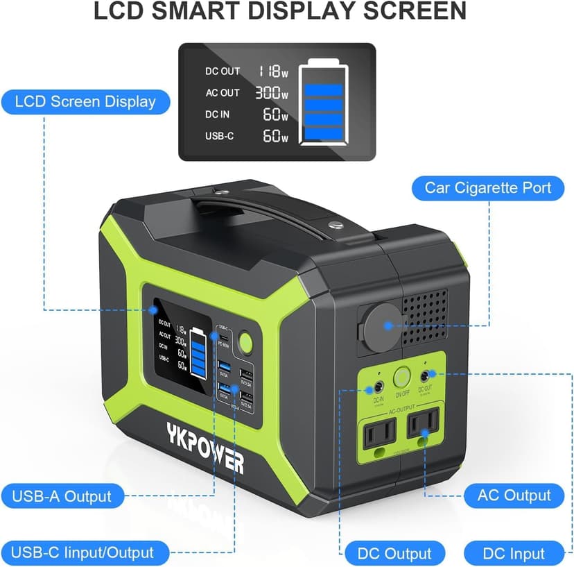 Portable Power Station 300W (Peak 600W), YKPOWER 296Wh Backup Lithium Battery Solar Generator with 110V AC Output, 60W USB-C PD Output, LED Light, Power Station for Outdoor Camping Travel RV CPAP Home