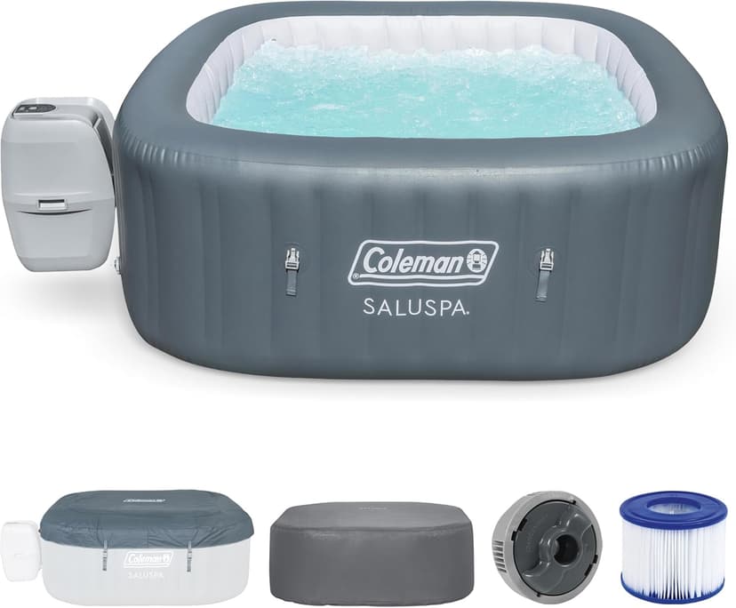 Coleman Hawaii AirJet Large Square 4 to 6 Person Inflatable Hot Tub Portable Outdoor Spa with 140 AirJets and EnergySense Cover, Grey