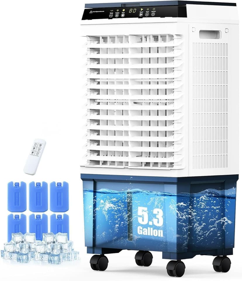 Air Choice Portable Evaporative Air Cooler, 1800 CFM Swamp Cooler with 6 Ice Box & 5.3 Gal Water Tank, 110° Swing, 3 Speeds, Upgraded Remote, 12H Timer, 3-in-1 Air Cooling Fan for Outdoor Indoor, Gray
