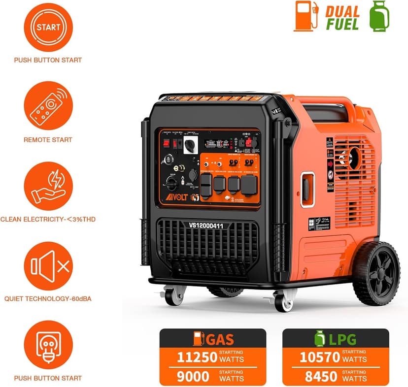 AIVOLT 11250 Wattages Dual Fuel Portable Inverter Generator Super Quiet Gas Propane Powered Remote/Electric Start Outdoor Generator ATS Ready for Home Back Up Food Truck, 50 State Approved