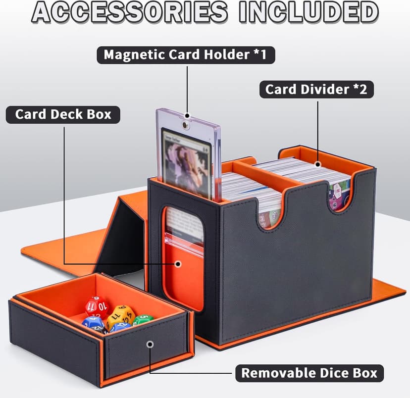 Commander Deck Box for MTG, Card Deck Box with Dice Tray and Display Window, Fits 200+ Double-Sleeved Cards, Magnetic Leather Trading Card Storage Case for Magic Game Cards (Black & Orange)