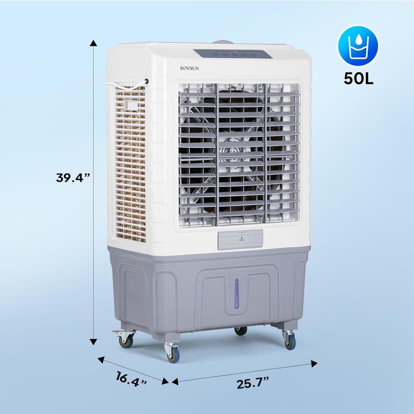 ROVSUN 4100CFM Portable Air Cooler, 13.2Gal/50L Evaporative Swamp Cooler, 3-IN-1 Cooling Fan with Remote Control, 3 Speeds, 7.5H Timer & 4 Ice Box, Humidifying Oscillating Fan for Indoor or Outdoor