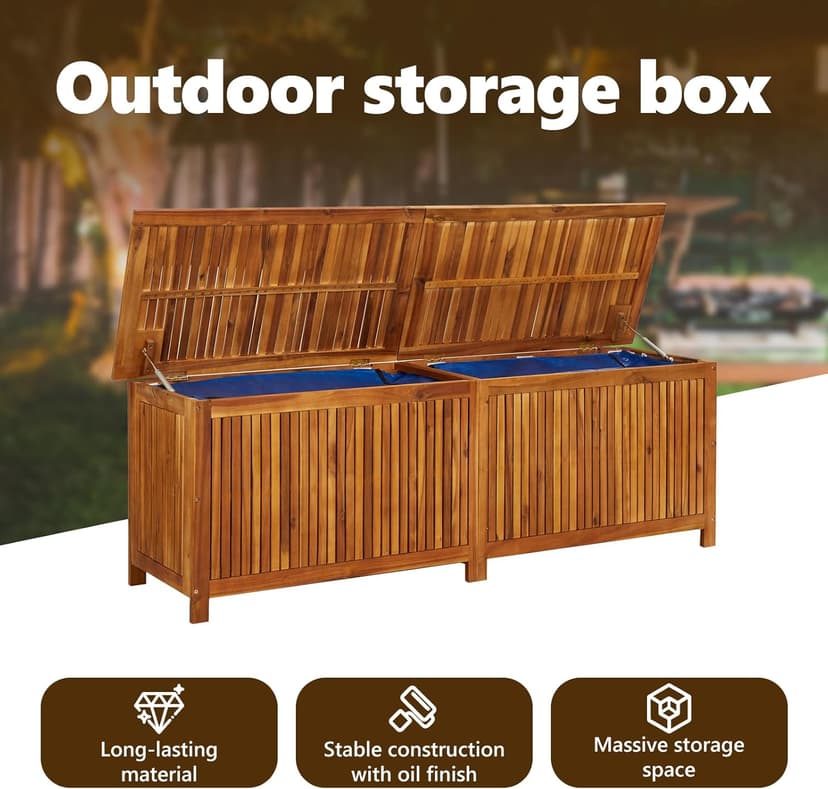 vidaXL Outdoor Storage Box, [Load Capacity Gallon] Deck Box with Gas-Lift Lid, Storage Chest with Water-Resistant Zippered Bag Inside, 68.9''x19.7''x22.8'', Solid Acacia Wood