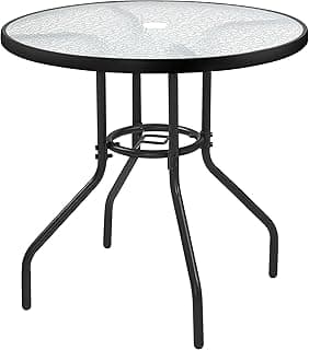 Yaheetech 27.4'' Patio Bistro Table Round Outdoor Coffee Table, Round Tempered Glass Top with 1.7'' Umbrella Hole, Iron Frame for Balcony Backyard Lawn and Garden