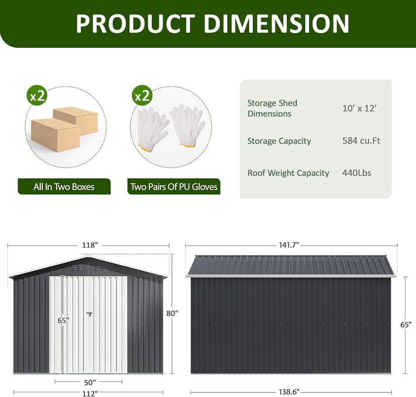10x12 FT Outdoor Storage Shed, Metal Garden Tool Shed with Updated Frame Structure and Lockable Doors, Ideal for Garden Backyard Patio Lawn, Grey